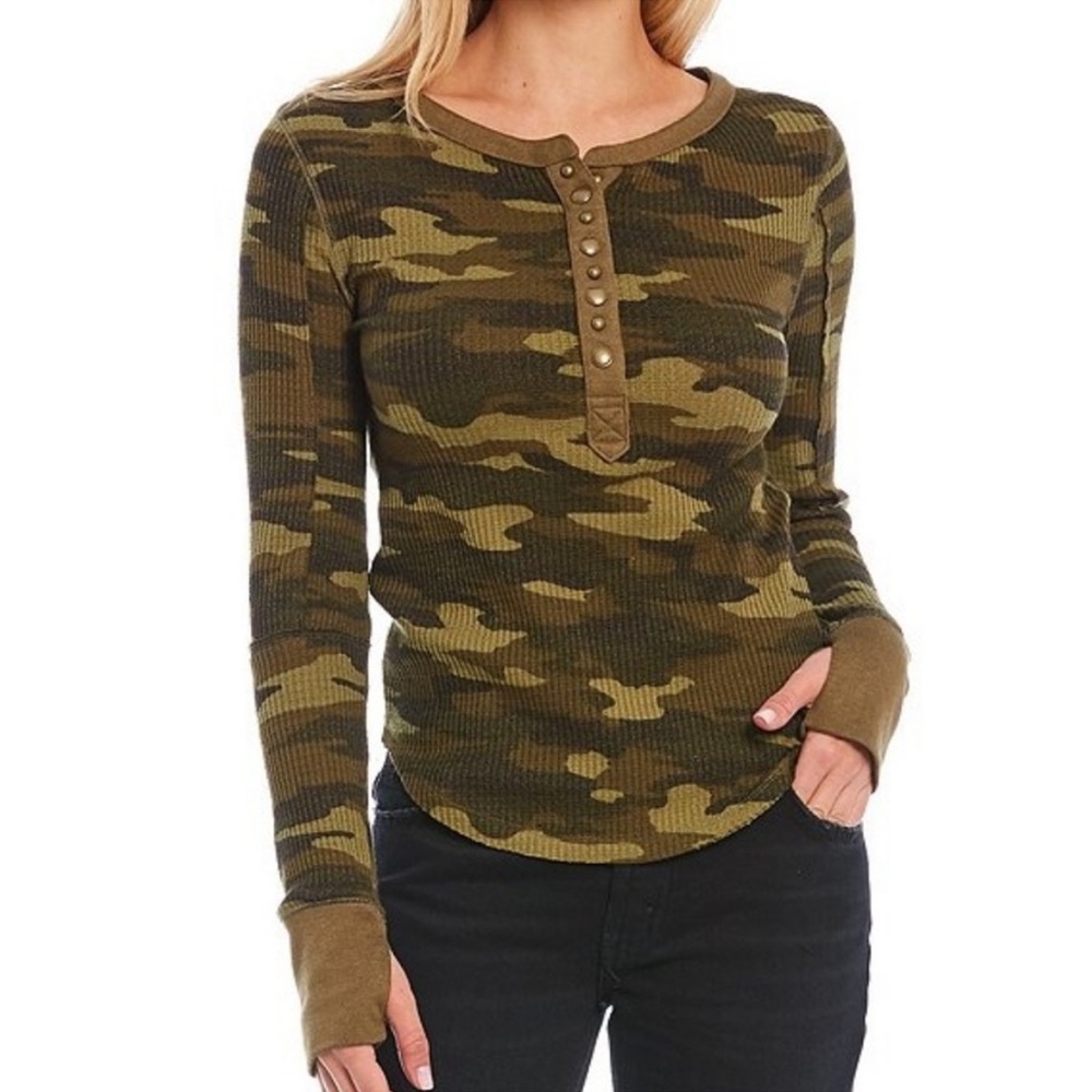 Free People camo Everest henley thermal top green